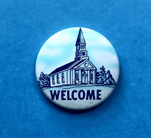 Vintage 'Welcome' Church/Sunday School Pinback w/ Steepled Church & Red Ribbon - Picture 2 of 5