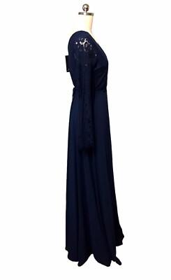 chinese dress ladies Blue Long Sleeve Lace Trim Maxi Dress