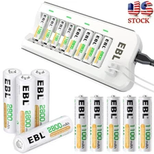 Lot EBL AA AAA 1100/ 2800mAh Ni-MH Rechargeable Batteries / 8-Slot Smart Charger
