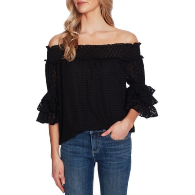 CECE Black Tonal Textured Dot Off Shoulder Ruffle Sleeve Blouse S 4/6  Nordstrom