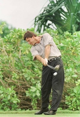 Masters Champion Nick Faldo of England fires a tee shot on the 6th- Old Photo