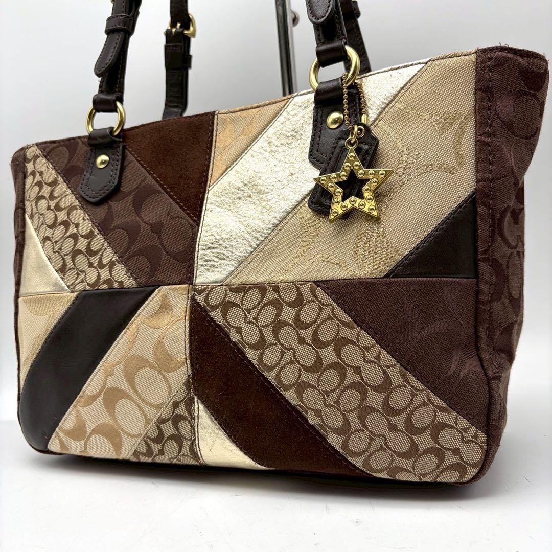 COACH Tote Bag Patchwork Suede Leather Brown  ◯ A… - image 1