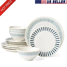 12-Piece Stoneware Dinnerware Set Bowl & Plate Set Service for 4 for Home US