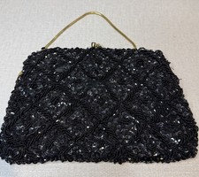 Vintage Hand Beaded Evening Purse Hand Bag Black Satin Gold Chain Bangkok