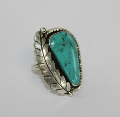 Handmade Southwestern Sterling Silver Leaf Motif Turquoise Ring Sz: 7 [036WEA]