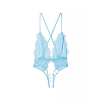 Victoria's Secret Blue Floral Lace-Up Teddy Bodysuit Large L Strappy V-Neck