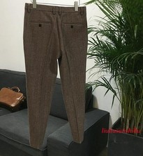 Men's British Retro Herringbone Wool Tweed Trousers Slim Straight Pants Autumn