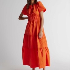 Quince Dress Womens M Vermilion Red Tiered Maxi Smocked Waist Pockets