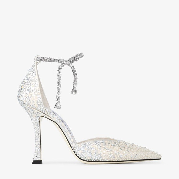 Jimmy Choo Stevie 100 Ivory Satin Crystal Pumps $3,095 38