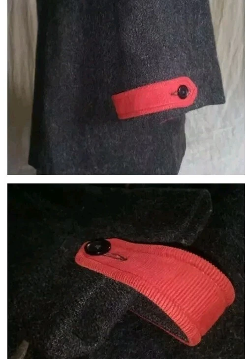 Abrigo de Lona Gris Años 50 De Colección con Borde Couderoy Rojo Escarlata, Capucha y Bolsillos de Parche M Foto 3 de 4