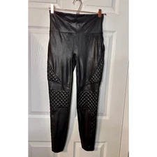 Spanx Black Vegan Faux Leather Quilted Moto Leggings Size Medium