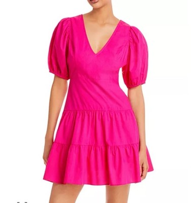 FRENCH CONNECTION Hot Pink Birch Puff Sleeve Tiered Mini Dress, SIZE 0