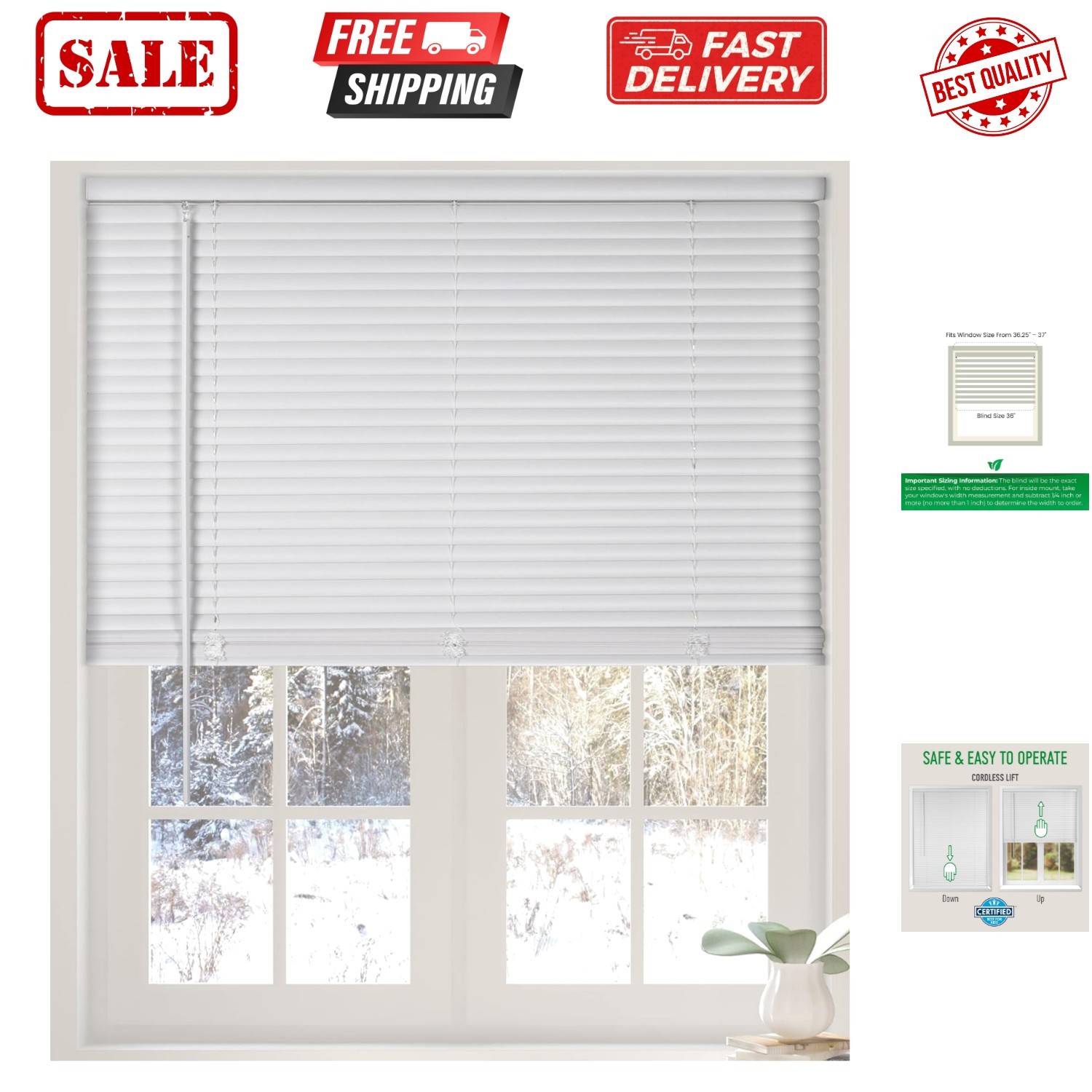 Cordless White 1” Light Filtering Mini Blinds 36” W x 36” H Window Blinds for...
