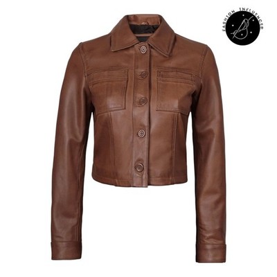 Women's Cognac Brown Genuine Sheepskin Leather Jacket Cropped Button Up Jacket