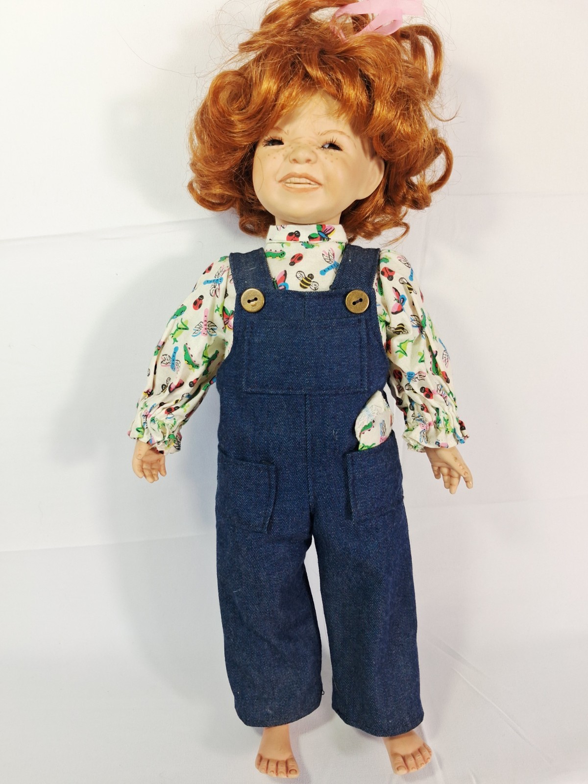 16" Red Hair Freckles Smiling Porcelain Collector Doll Denim Overalls Vintage