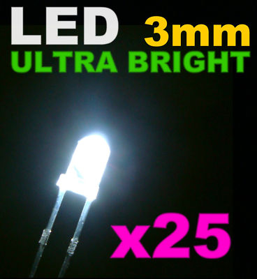 211/25# LED Blanche 3mm 25pcs+ résistance -> 20000mcd