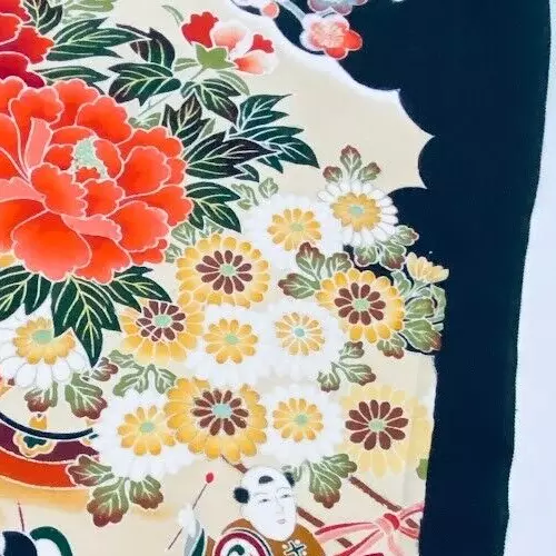 Tag of War #D 13.5x64 LONG Hand Painted Tomesode Black Silk Kimono Fabric ToF40 - Picture 5 of 8