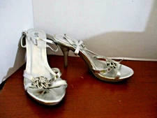 DELICACY Silver Metallic STRAPPY HIGH HEEL SANDALS w/ Rhinestone~Women 8 1/2~New
