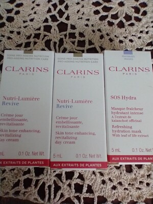 CLARINS NUTRI-LUMIERE REVIVE and SOS HYDRA mask samples NEW