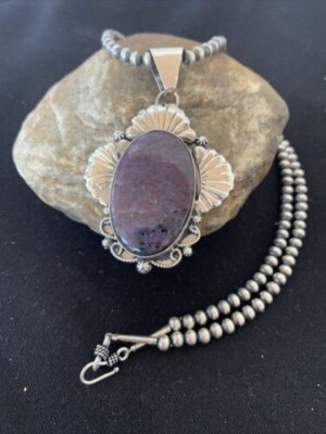 Men Navajo Pearls Sterling Silver Purple Stone Pendant Necklace 01537
