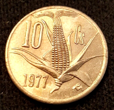 Variety 1- 10 Centavos 1977 Upright 5 Rows ear of Corn (Sharp stem and wide date