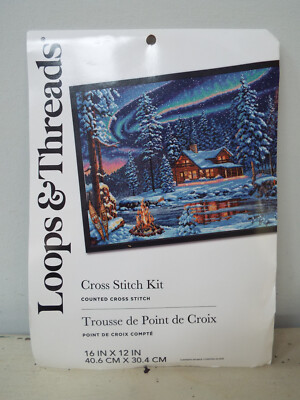 Loops & Threads Counted Cross Stitch Kit Northern Lights Cabin Snow Winter