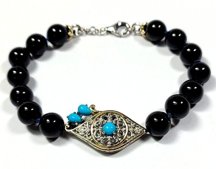 Sterling Silver Evil Eye Turquoise and Onyx Bead … - image 1