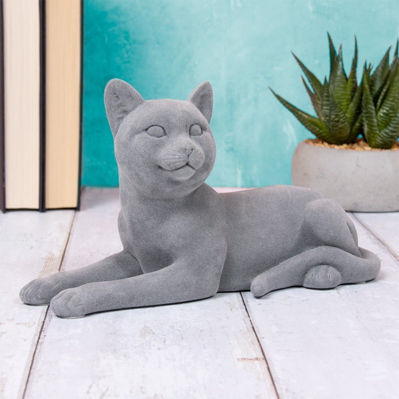 Cat Figurine Ornament Animal Figure Feline Lying Velvet Smooth Grey Resin Gift
