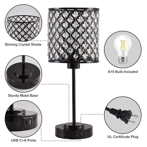 Conjunto de 2 abajures de mesa de cristal controle de toque, cabeceira preta 17" preta pacote com 2 - Imagem 2 de 4