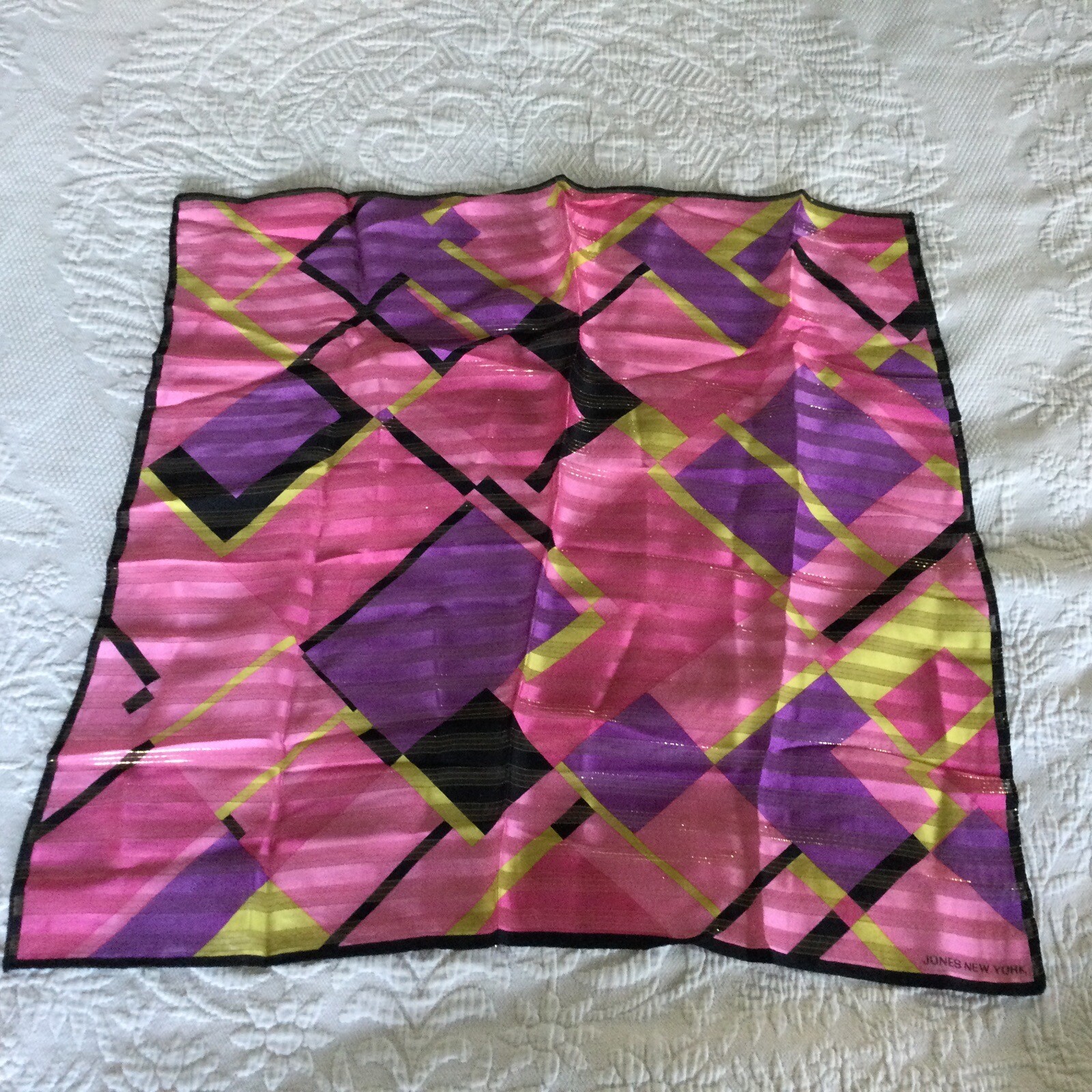 Jones New York Square Retro Scarf Pink Gold Thread Geometric Print 21