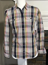 PATAGONIA Blouse Nylon Blend  Common Threads Blue Plaid Button Womens 0 Casual