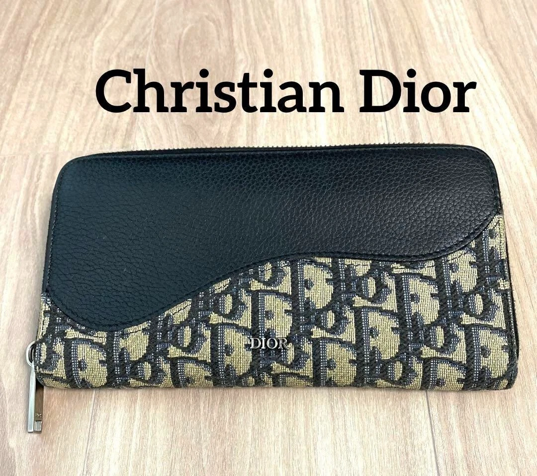 Authentique portefeuille long Christian Dior motif trotteur bleu marine fermeture éclair ronde 19,8 x 11 cm