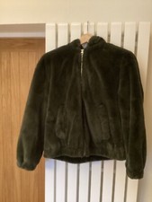 Woman’s Size 14 M&s Green Faux Fur Hooded Bomber Jacket. So Soft Immaculate