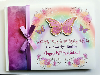 Personalisiertes Regenbogen Schmetterlinge Geburtstag Gästebuch, Schmetterling Geburtstagsgeschenk
