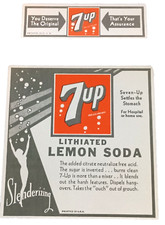 2 etiquetas de papel para cuello de botella de refresco litiado limón refresco 7UP nuevas como nuevas años 50