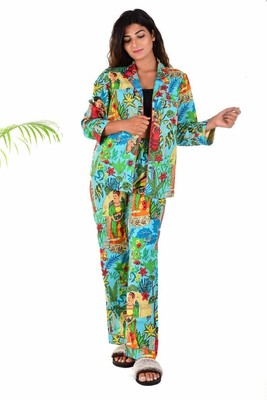 Indian 100%Cotton Turquoise Printed PJ Sets Women's Sleepwear Night PJ Suit AU