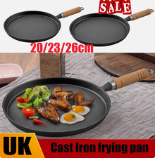 Cast Iron Round Skillet Griddle Cooking Pan Pre-Seasoned Frying Pan Wood Handle