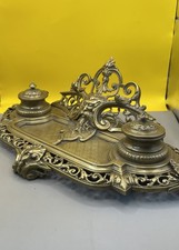 Antique French Brass Effect Guilt Bronze Double Ink Well Desk Pen Holder Face