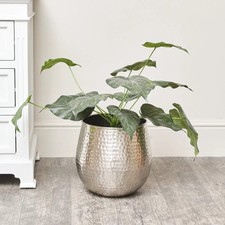 Medium round silver hammered metal planter plant pot decorative botanical vase