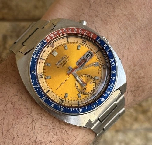 1973 Seiko 6139-6002 Pogue Automatic Chronograph Pepsi Yellow Vintage Authentic