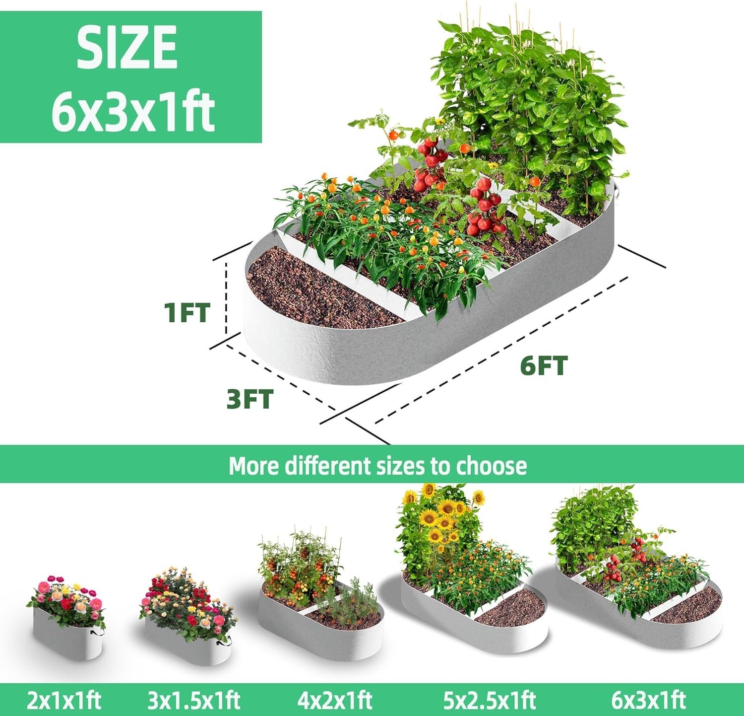 CJGQ 6x3x1ft Fabric Raised Garden Bed 95 Gallon Planter Large Oval Garden Boxes
