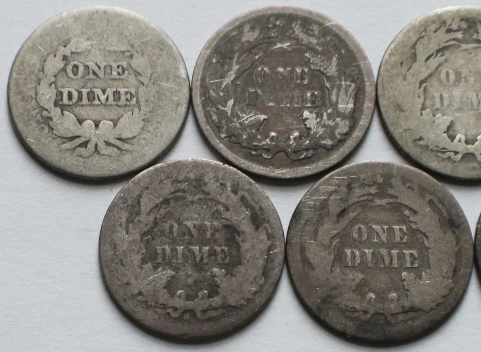7 Seated Liberty Silver Dimes 1851, 1875, 1882, 1887, 1889-S, 1891, AG to VG 10C - Image 4 of 4