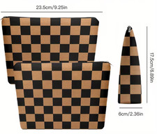 Tan Black Checkered Lightweight Poly Make Up Bag with Zip Top