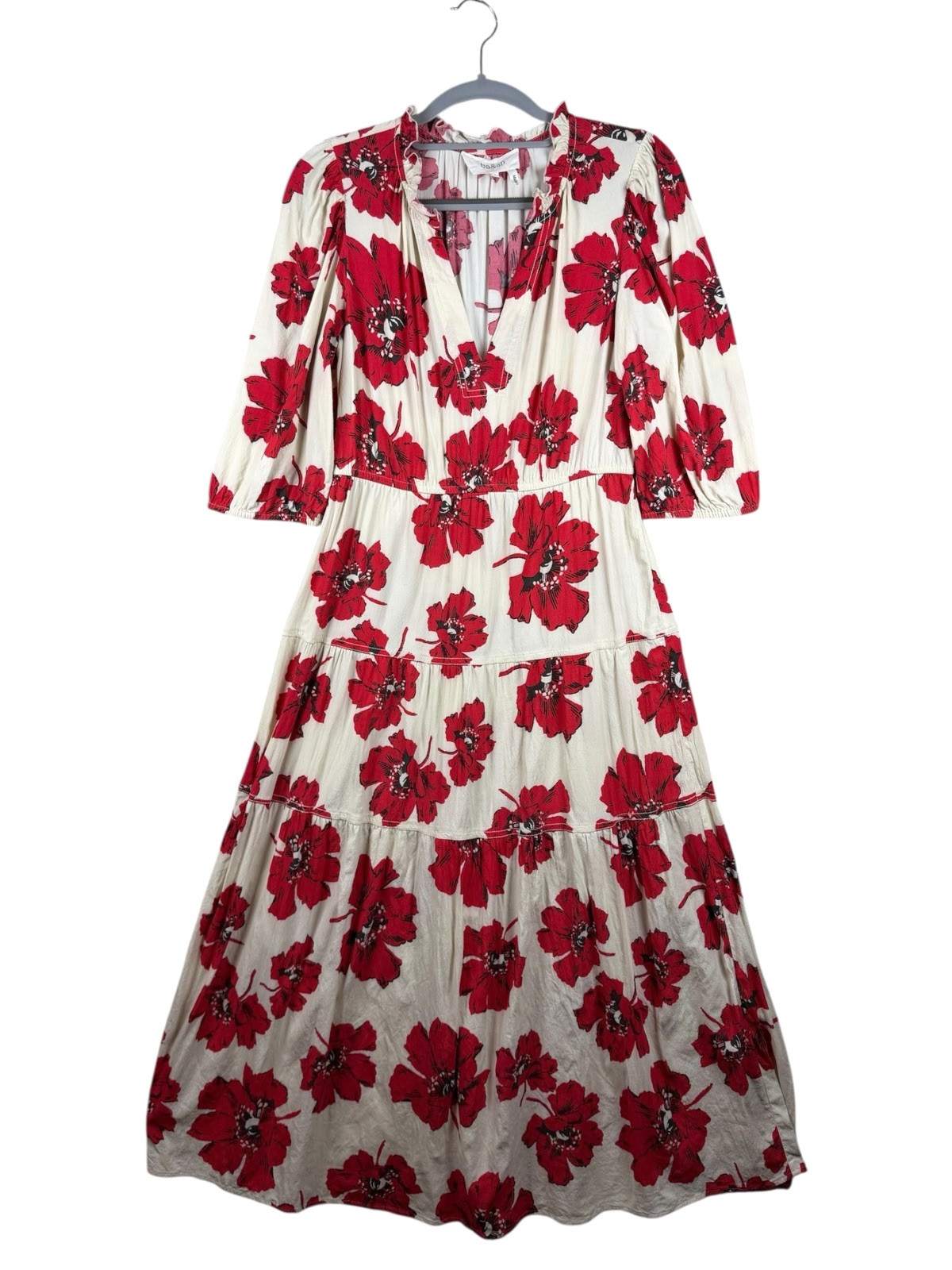 ba&sh Kory Red Floral Print Midi Dress Women's Sz S, 100% Viscose