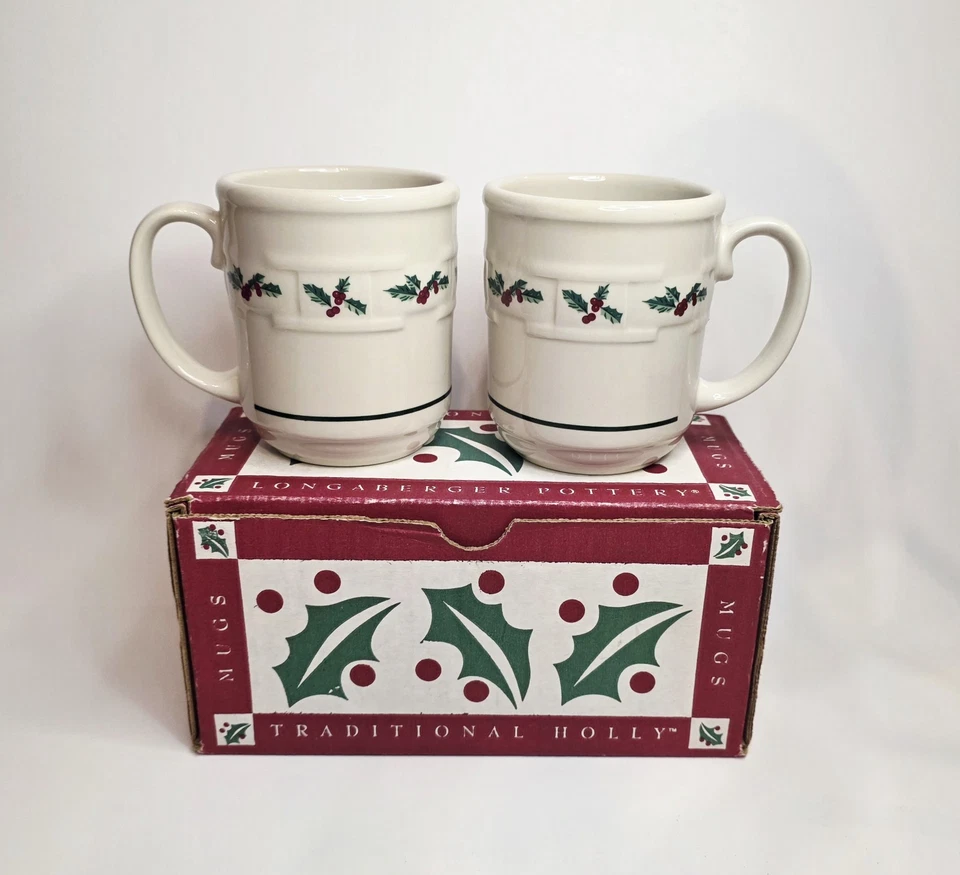 Juego de tazas de cerámica vintage LONGABERGER tejido tradicional acebo Navidad 31402 Foto 2 de 4