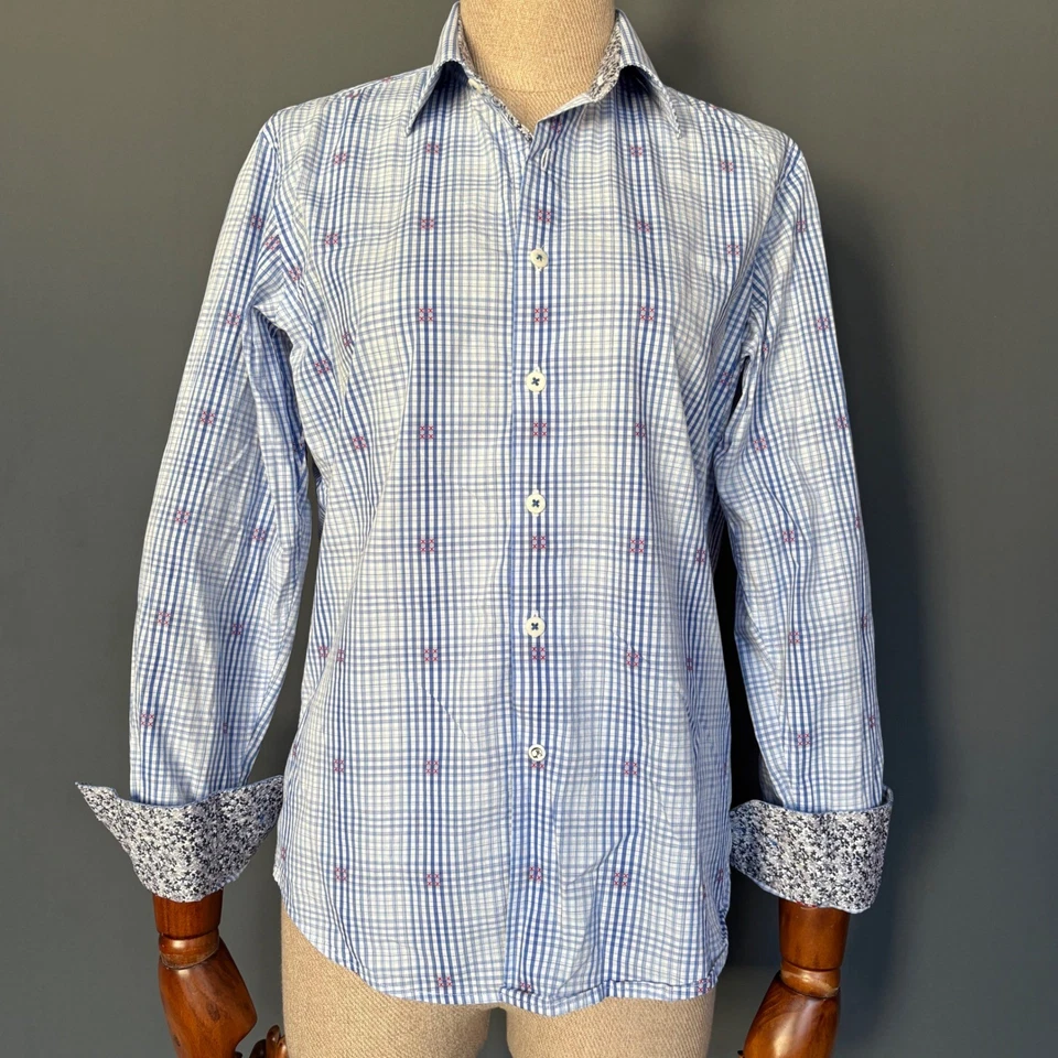 Camisa a Cuadros Robert Graham | Talla 14-16 Grande | Blanca y Azul Foto 2 de 4