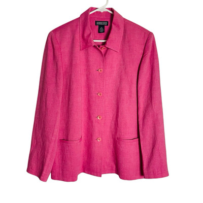 Lands End Linen Blend Blazer Jacket Womens 14 Pink Pockets