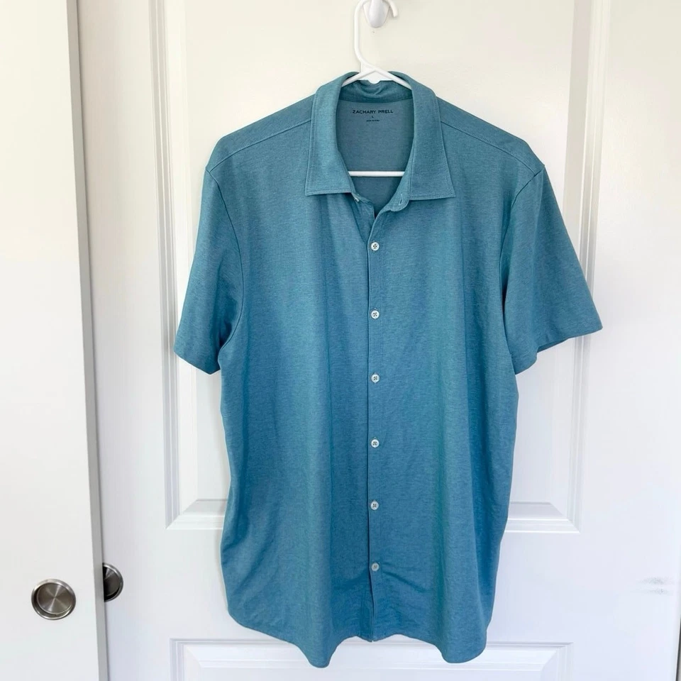 Zachary Prell Crause Knit Short Sleeve Button-Up Shirt Blue Large - Image 2 of 4