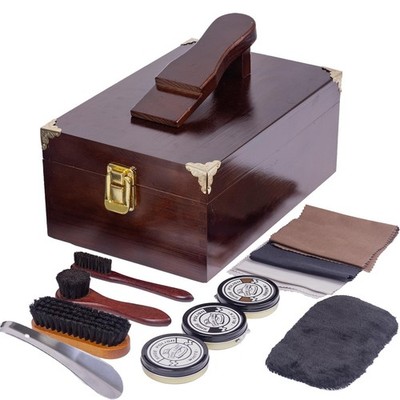 Deluxe Shoe Shine Box Set & Shoe Care Polish Kit with Foot Rest Tools Storage