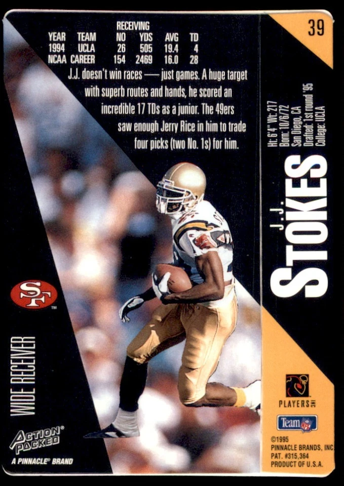 1995 Action Packed # 39 J.J. Stokes RC 49ers - Image 2 of 2
